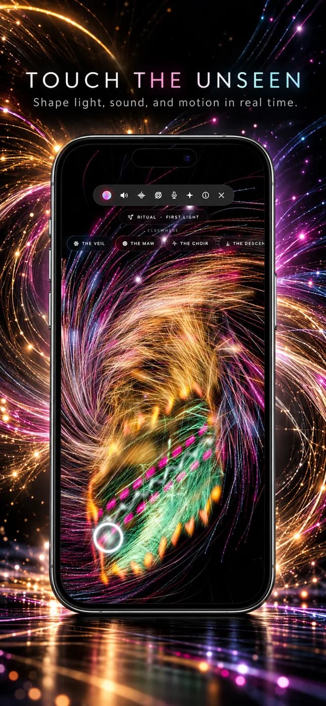 IMPOSSIBLE MATTER — Touch the Unseen, with a phone preview surrounded by flowing gold, pink, and green light.