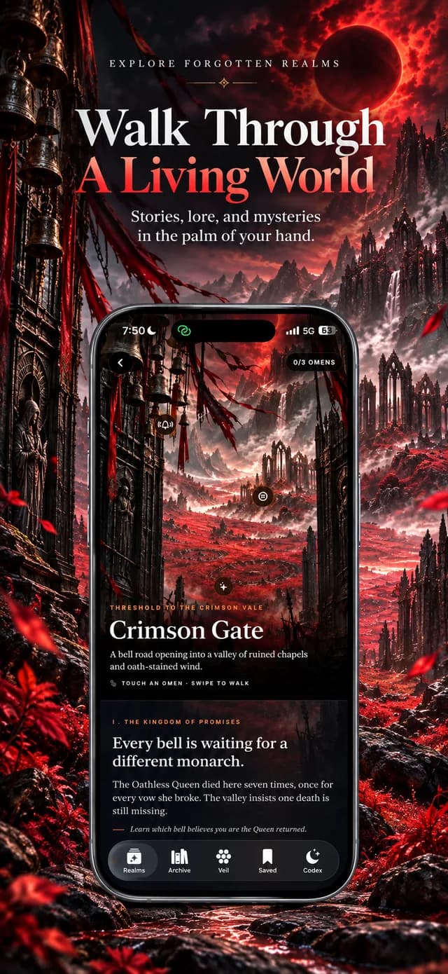 Obscura: Dark Codex — Walk Through a Living World, with a phone preview of the Crimson Gate beneath a red eclipse.