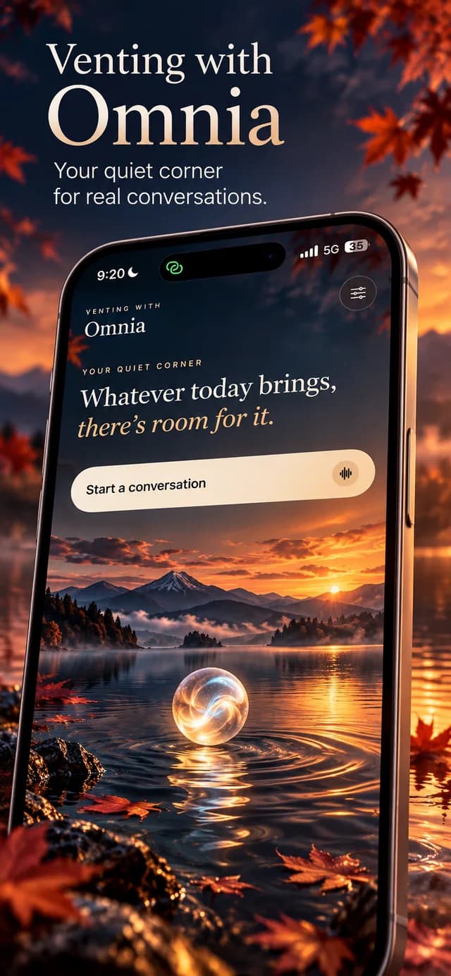 Venting with Omnia: your quiet corner for real conversations, with an autumn lake and sunset app preview.